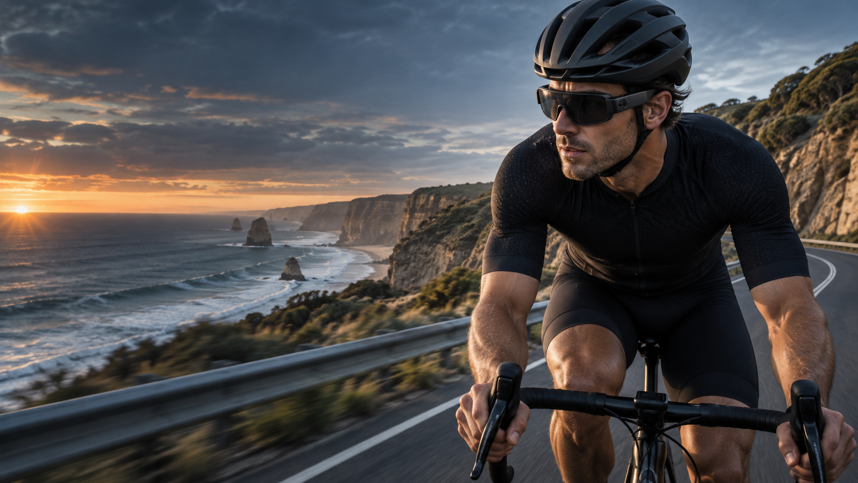 Cyclist wearing smart sports sunglasses on an Australian coastal road